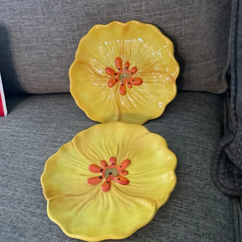 Pier 1 Imports Handpainted Earthenware “GRACE”Hibiscus floral Dessert plates new